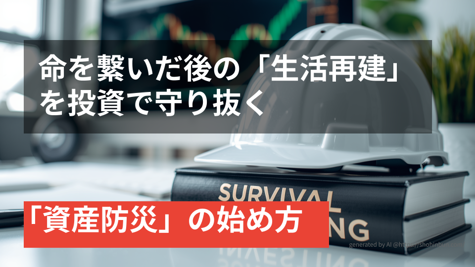 デスクの上に置かれた防災ヘルメットと『SURVIVAL INVESTING』というタイトルの分厚い投資本。背景には株価チャートが表示されたモニターがあり、震災後の生活を守る「資産防災」のイメージを表現している。