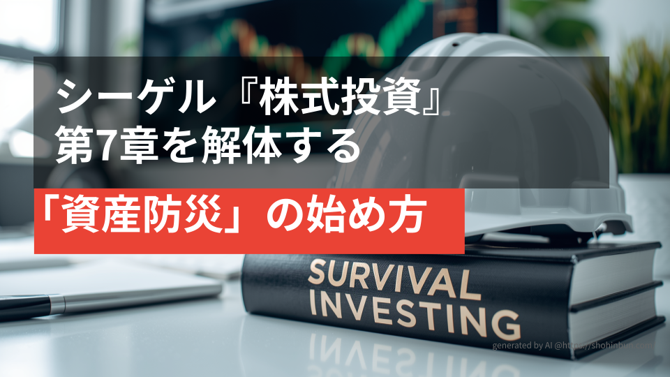 デスクの上に置かれた防災ヘルメットと『SURVIVAL INVESTING』というタイトルの分厚い投資本。背景には株価チャートが表示されたモニターがあり、震災後の生活を守る「資産防災」のイメージを表現している。