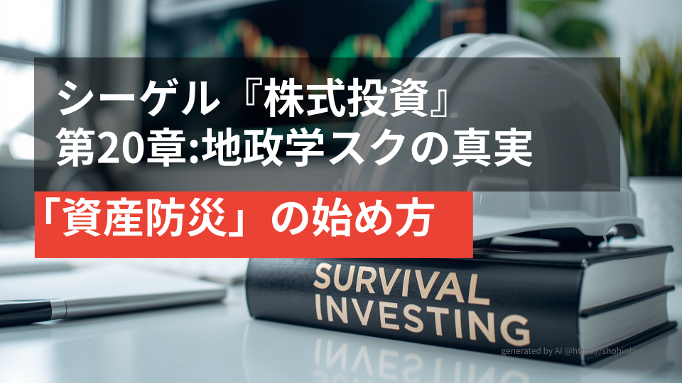 デスクの上に置かれた防災ヘルメットと『SURVIVAL INVESTING』というタイトルの分厚い投資本。背景には株価チャートが表示されたモニターがあり、震災後の生活を守る「資産防災」のイメージを表現している。