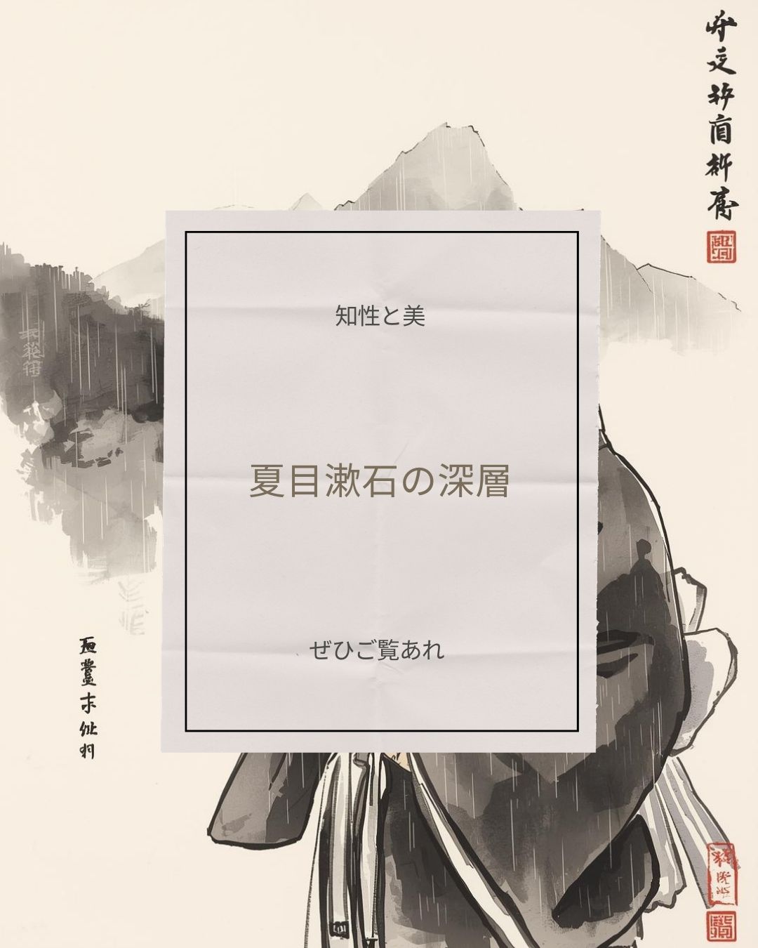 夏目漱石の肖像と山水画をモチーフにした「草枕」の非人情を解説するアイキャッチ画像