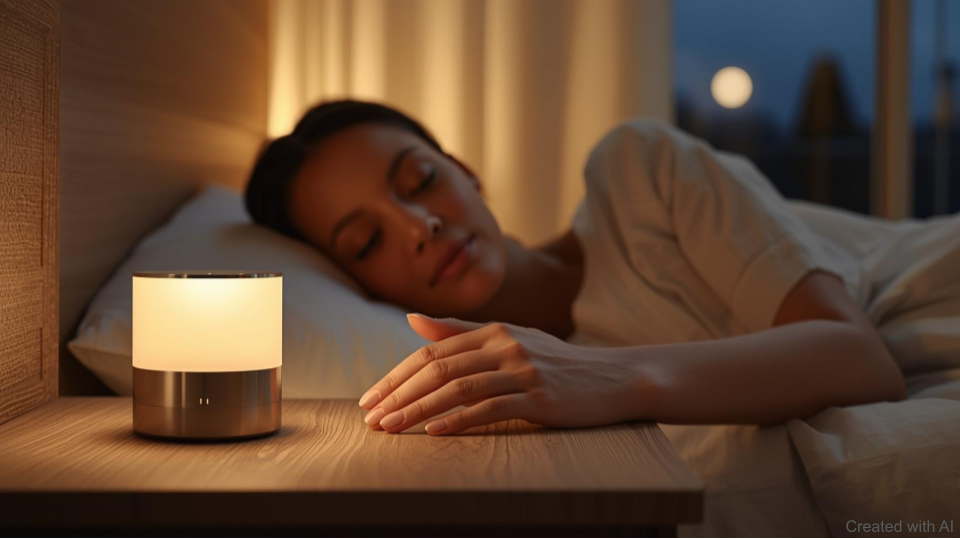薄暗い寝室で、女性がベッドで眠っている様子。枕元の木製サイドテーブルに置かれたスタイリッシュな円柱形のデスクライトが、温かいオレンジ色の光で手元を優しく照らしている。日常に溶け込む防災アイテムを想起させる写真。