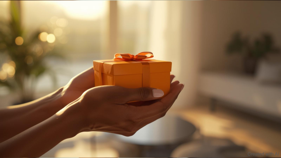 窓からの暖かな自然光を浴びたギフトボックスと、それを両手で丁寧に包み込むように触れている手元のクローズアップ。指先の質感や箱の質感が伝わるような、所有感を擬似的に想起させる写真。