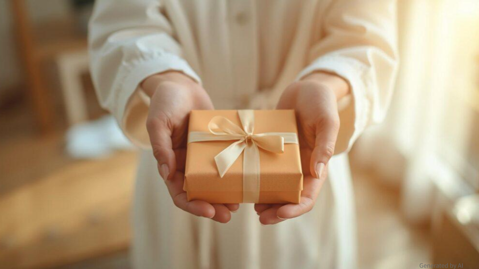 暖かみのあるベージュのジャケットを着た人物が、両手に鮮やかなオレンジ色で包装されたギフトボックスを大切そうに乗せ、手前へ向かって差し出している様子。ボックスには上品な金色のリボンが結ばれており、相手への贈り物であることが伝わる。