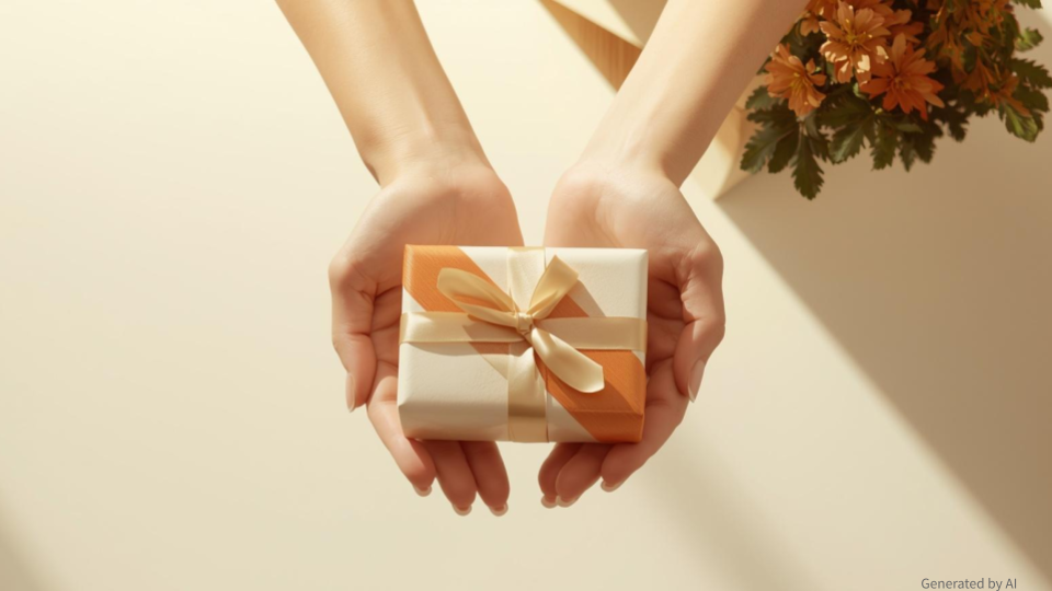明るいベージュの背景で、オレンジの斜めラインが入った包装紙にゴールドのリボンがかかった小さなギフトボックスを、正面に向かって両手で大切に差し出している俯瞰写真。右上にはオレンジ色の花が添えられている。