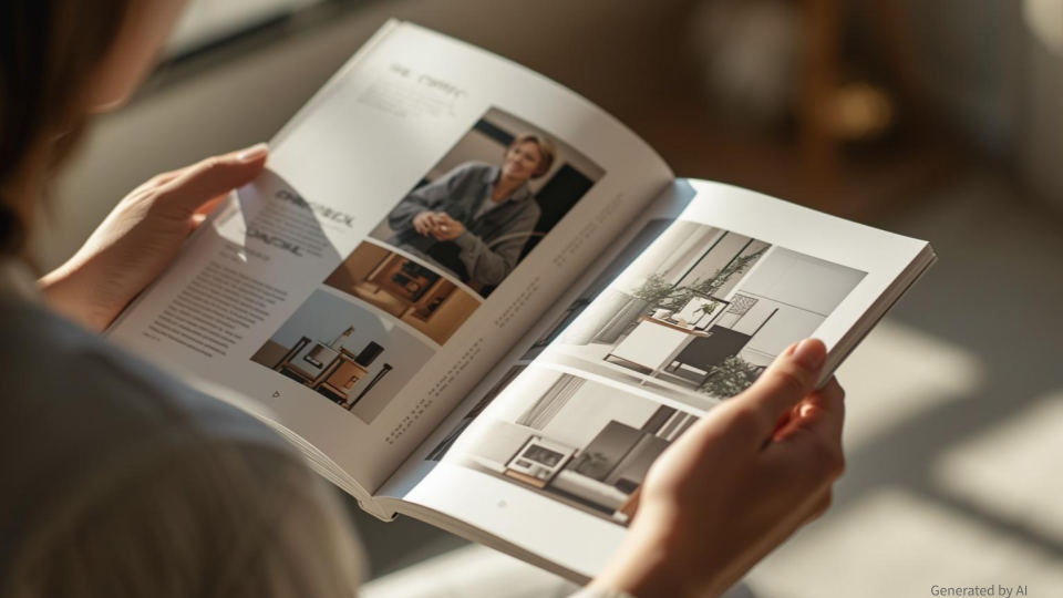 柔らかな日差しが差し込む室内で、一人の女性がライフスタイル雑誌やカタログを両手で持って読んでいる手元のアップ写真。誌面にはインテリアや人物の写真が美しくレイアウトされている。