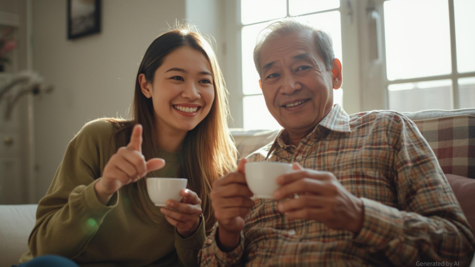 実家の家具転倒防止対策を終え、笑顔で和やかにくつろぐ親子(父と娘)の様子