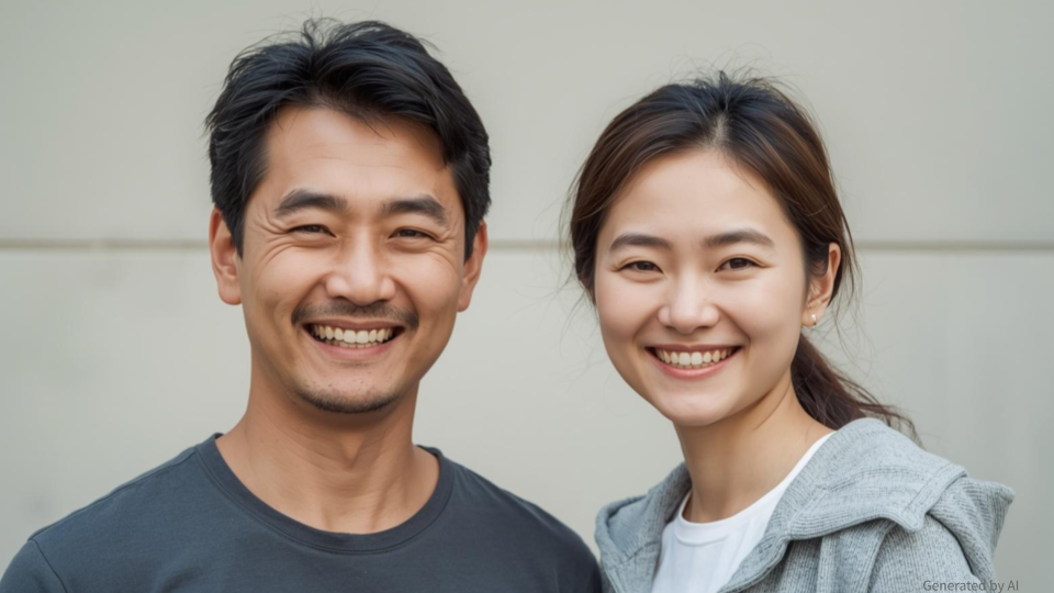 正面を向き、明るく笑い合うアジア人カップルのポートレート。男性は黒いTシャツ、女性はグレーのパーカーを着用。