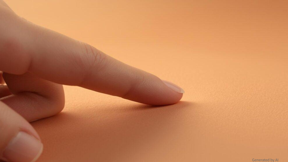 暖かみのあるオレンジ色の生地の上で、手前（左下）に置かれた親指から伸びる人差し指が、背景の表面（中央）を指先で優しく触れようとしている。