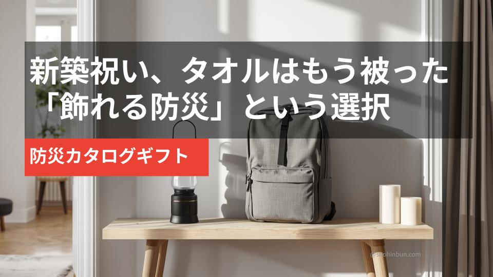 北欧スタイルの玄関棚に置かれたランタンと防災バッグ｜新築祝いに贈る防災カタログギフトのイメージ