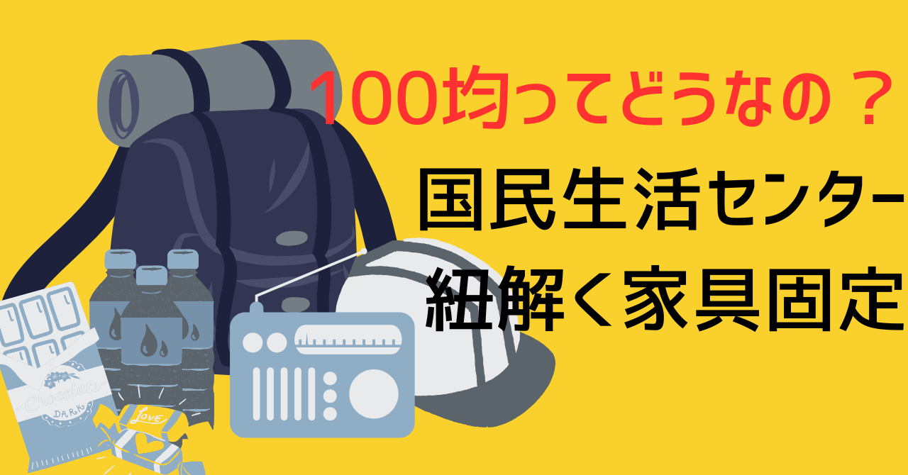 黄色い背景の左側に、防災リュック、ヘルメット、保存水、ラジオなどの防災セットのイラストが並ぶ。