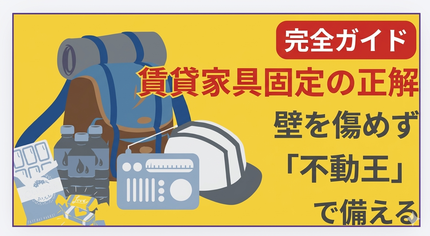 黄色い背景の左側に、防災リュック、ヘルメット、保存水、ラジオなどの防災セットのイラストが並ぶ。