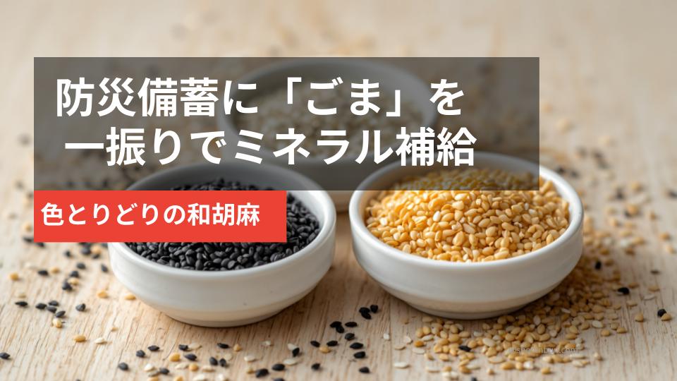 黒・白・金の3種のごま（イメージ）。防災備蓄のミネラル補給におすすめ。