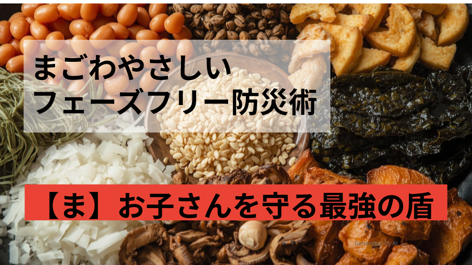 まごはやさしい、日本の保存食で、甘納豆、いりごま、わかめ、野菜、さかな、しいたけ、いもの画像