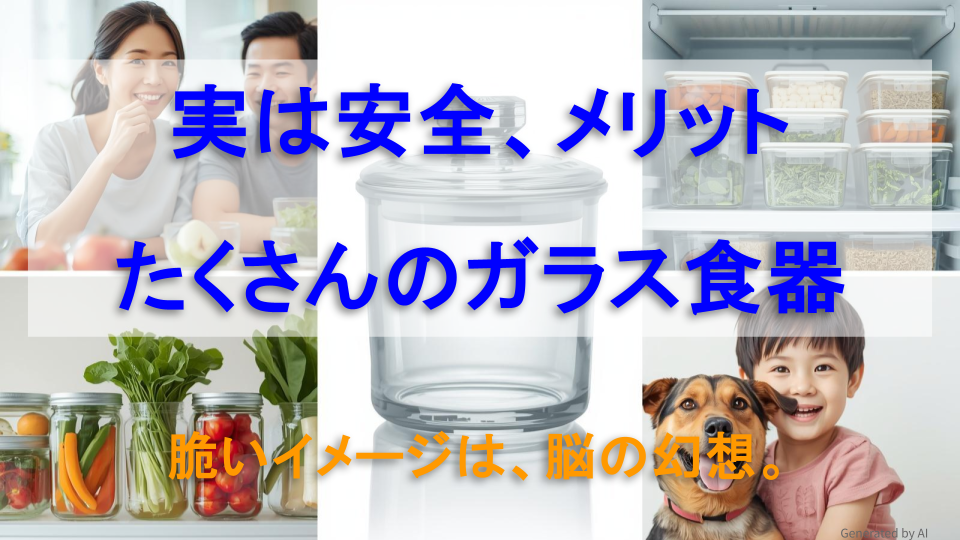 笑顔の家族と犬、鮮やかな野菜、整理された冷蔵庫が並ぶ。ガラス容器を使うことで家事が楽になり、安全で豊かな暮らしが実現している様子を描いたコラージュ画像。