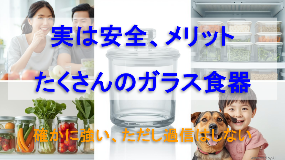 笑顔の家族と犬、鮮やかな野菜、整理された冷蔵庫が並ぶ。ガラス容器を使うことで家事が楽になり、安全で豊かな暮らしが実現している様子を描いたコラージュ画像。