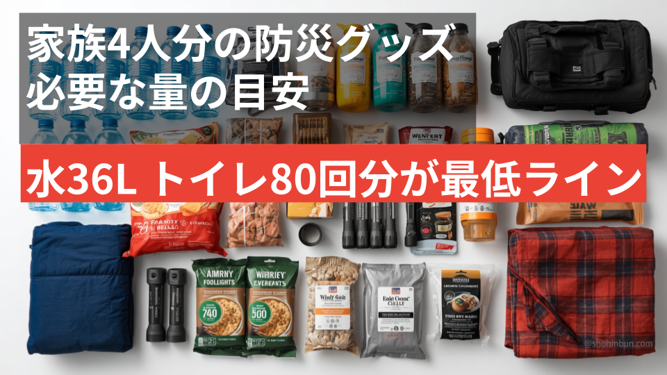 家族4人3日分の防災グッズをすべて並べた量感のあるフラットレイ