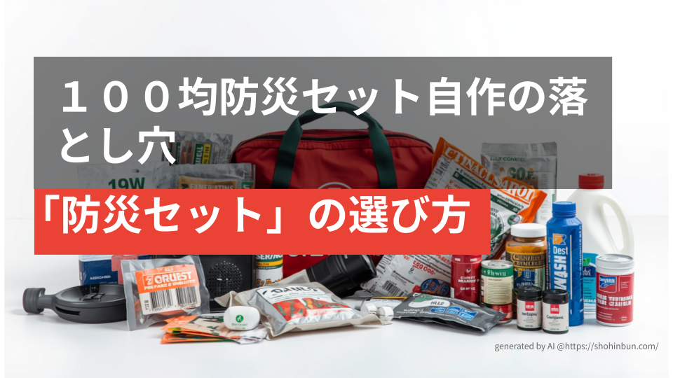 床一面に並べられた数十品目以上の多様な防災グッズと、それを収納する防災バック。1人では品目の選定や個別の調達が困難であることを示す、圧倒的な物量の防災用品一式。