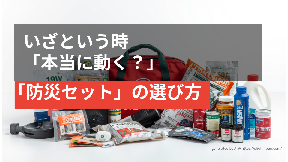 床一面に並べられた数十品目以上の多様な防災グッズと、それを収納する防災バック。1人では品目の選定や個別の調達が困難であることを示す、圧倒的な物量の防災用品一式。