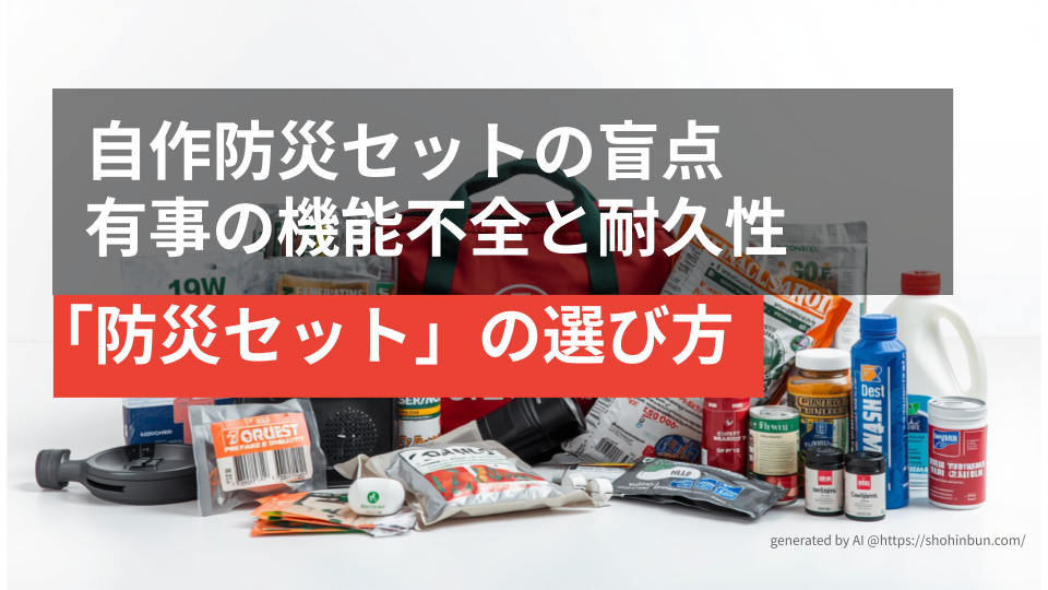 床一面に並べられた数十品目以上の多様な防災グッズと、それを収納する防災バック。1人では品目の選定や個別の調達が困難であることを示す、圧倒的な物量の防災用品一式。