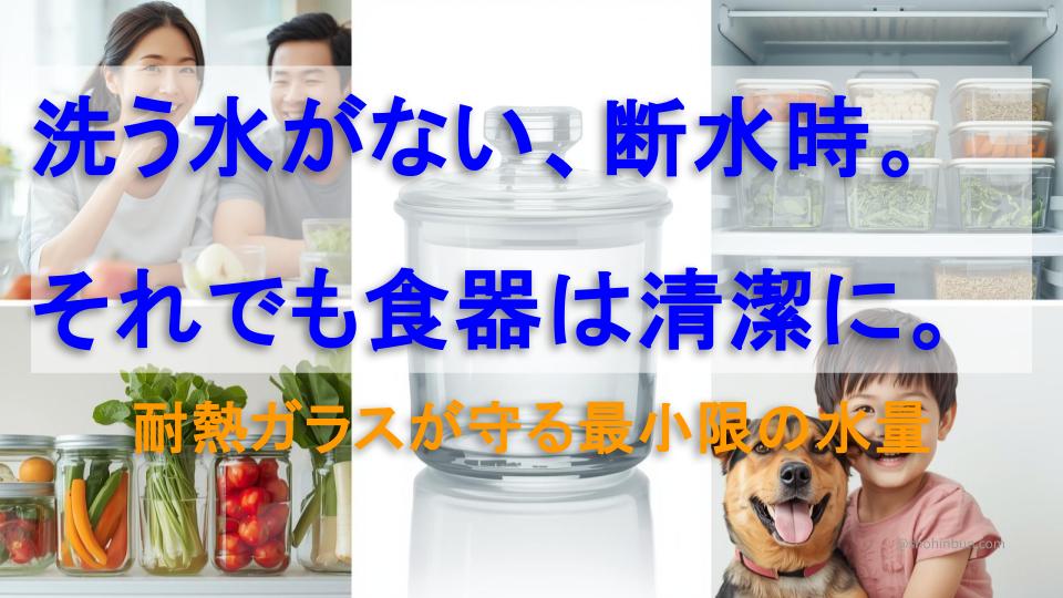 断水時に耐熱ガラスの食器を少量の水で洗う様子のイメージイラスト