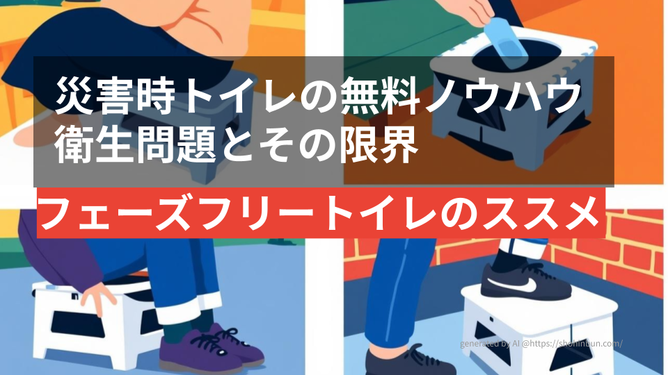 防災用フェーズフリートイレの多目的な使用例（椅子、簡易トイレ、踏み台）を示す4面のフラットイラスト。