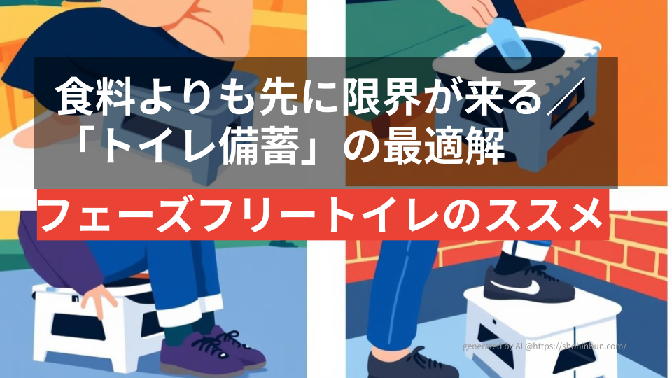 スツーレ（Stoole）の実機レビューを伝えるアイキャッチ画像。椅子としての日常使い、踏み台、簡易トイレとしての運用など、フェーズフリーな多用途性をフラットなイラストで表現している。生活に溶け込む防災の重要性を視覚化したデザイン。