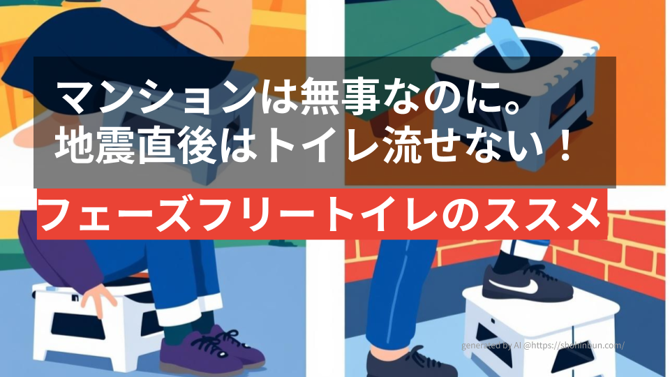 防災用フェーズフリートイレの多目的な使用例（椅子、簡易トイレ、踏み台）を示す4面のフラットイラスト。