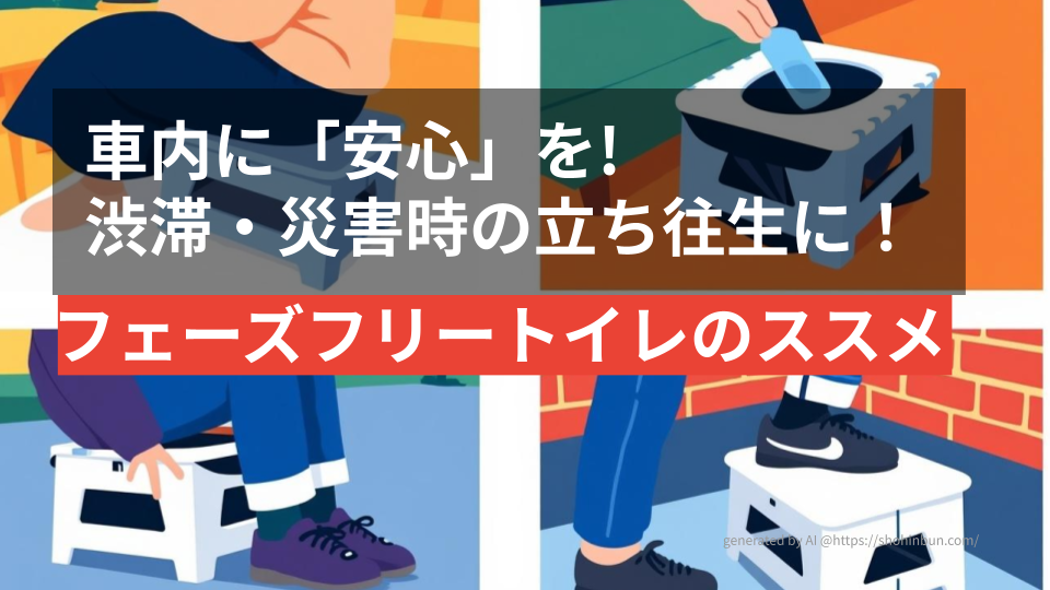 スツーレ（Stoole）の実機レビューを伝えるアイキャッチ画像。椅子としての日常使い、踏み台、簡易トイレとしての運用など、フェーズフリーな多用途性をフラットなイラストで表現している。生活に溶け込む防災の重要性を視覚化したデザイン。