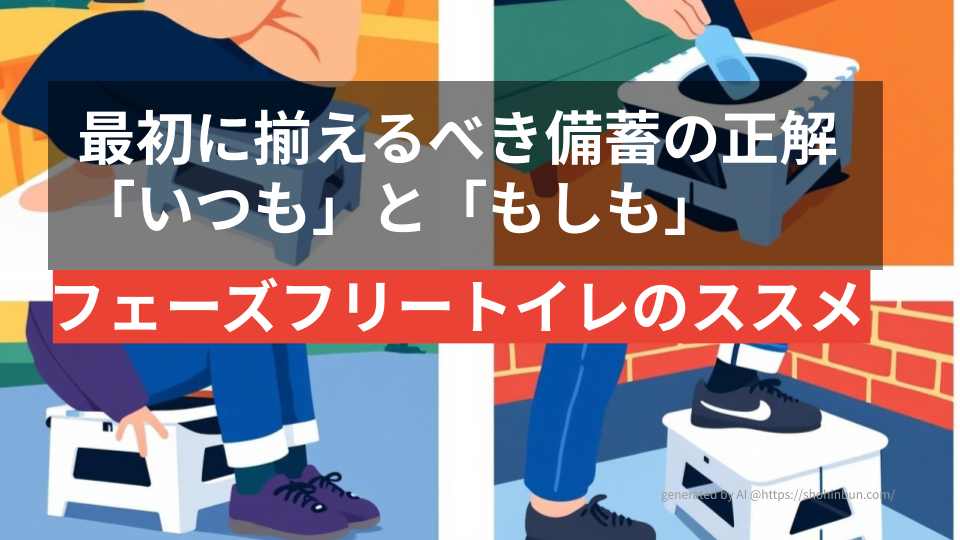 スツーレ（Stoole）の実機レビューを伝えるアイキャッチ画像。椅子としての日常使い、踏み台、簡易トイレとしての運用など、フェーズフリーな多用途性をフラットなイラストで表現している。生活に溶け込む防災の重要性を視覚化したデザイン。