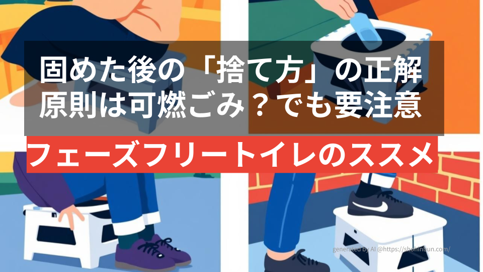 防災用フェーズフリートイレの多目的な使用例（椅子、簡易トイレ、踏み台）を示す4面のフラットイラスト。