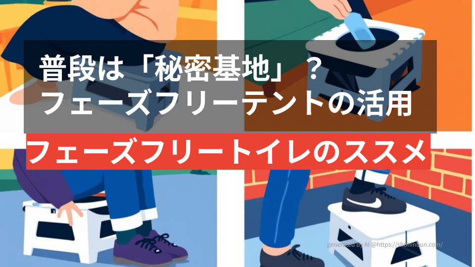 スツーレ（Stoole）の実機レビューを伝えるアイキャッチ画像。椅子としての日常使い、踏み台、簡易トイレとしての運用など、フェーズフリーな多用途性をフラットなイラストで表現している。生活に溶け込む防災の重要性を視覚化したデザイン。