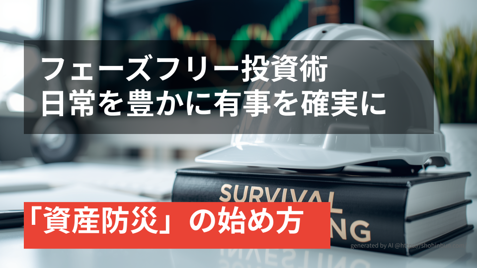 デスクの上に置かれた防災ヘルメットと『SURVIVAL INVESTING』というタイトルの分厚い投資本。背景には株価チャートが表示されたモニターがあり、震災後の生活を守る「資産防災」のイメージを表現している。