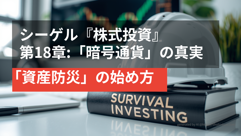 デスクの上に置かれた防災ヘルメットと『SURVIVAL INVESTING』というタイトルの分厚い投資本。背景には株価チャートが表示されたモニターがあり、震災後の生活を守る「資産防災」のイメージを表現している。