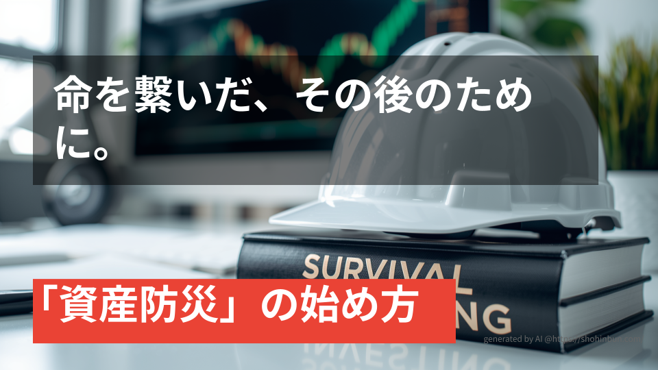 デスクの上に置かれた防災ヘルメットと『SURVIVAL INVESTING』というタイトルの分厚い投資本。背景には株価チャートが表示されたモニターがあり、震災後の生活を守る「資産防災」のイメージを表現している。