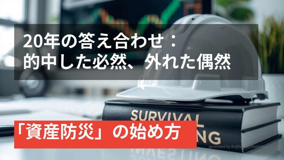 デスクの上に置かれた防災ヘルメットと『SURVIVAL INVESTING』というタイトルの分厚い投資本。背景には株価チャートが表示されたモニターがあり、震災後の生活を守る「資産防災」のイメージを表現している。