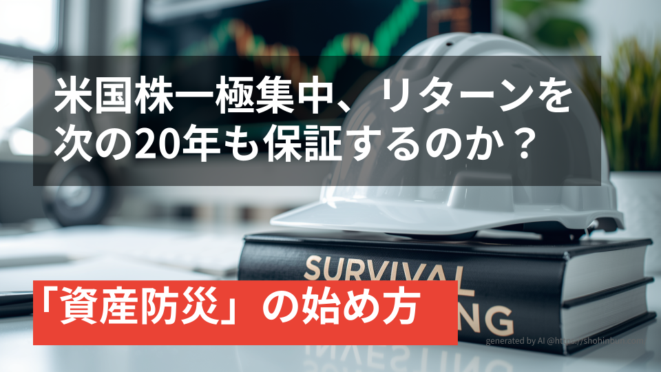 デスクの上に置かれた防災ヘルメットと『SURVIVAL INVESTING』というタイトルの分厚い投資本。背景には株価チャートが表示されたモニターがあり、震災後の生活を守る「資産防災」のイメージを表現している。