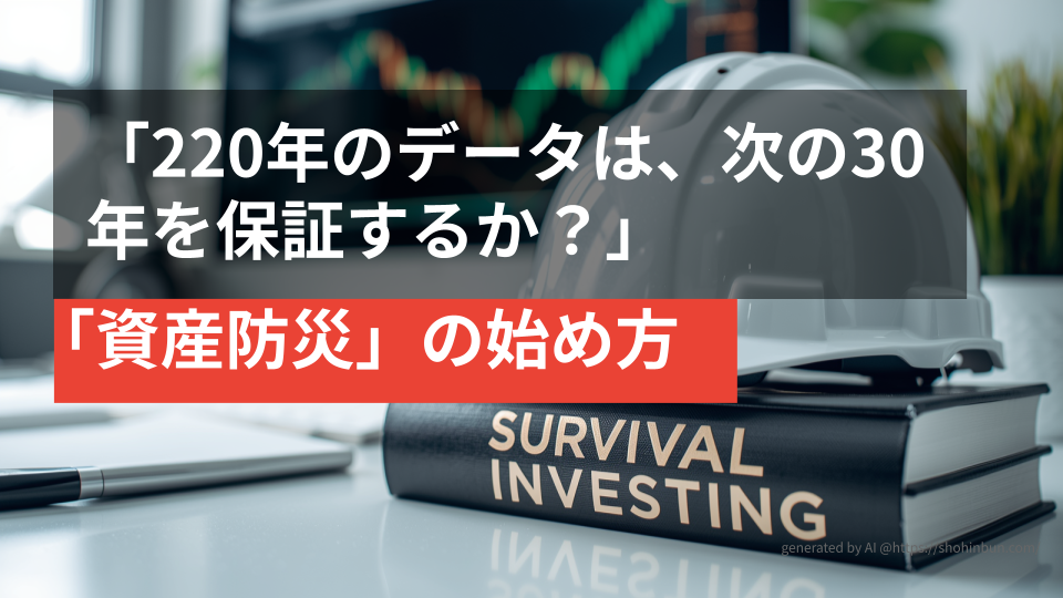 デスクの上に置かれた防災ヘルメットと『SURVIVAL INVESTING』というタイトルの分厚い投資本。背景には株価チャートが表示されたモニターがあり、震災後の生活を守る「資産防災」のイメージを表現している。