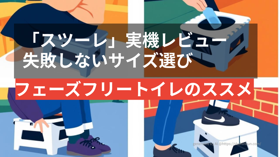 スツーレ（Stoole）の実機レビューを伝えるアイキャッチ画像。椅子としての日常使い、踏み台、簡易トイレとしての運用など、フェーズフリーな多用途性をフラットなイラストで表現している。生活に溶け込む防災の重要性を視覚化したデザイン。