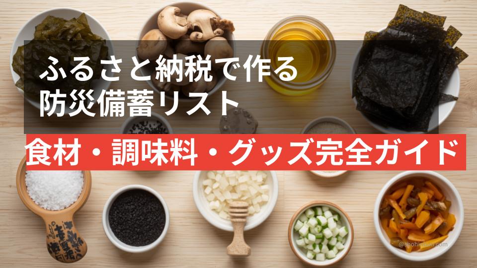 ふるさと納税の防災備蓄食材・調味料・グッズ一覧（イメージ）。