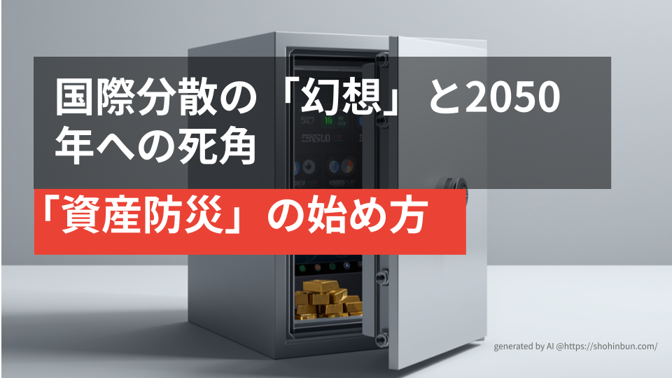 デスクの上に置かれた防災ヘルメットと『SURVIVAL INVESTING』というタイトルの分厚い投資本。背景には株価チャートが表示されたモニターがあり、震災後の生活を守る「資産防災」のイメージを表現している。